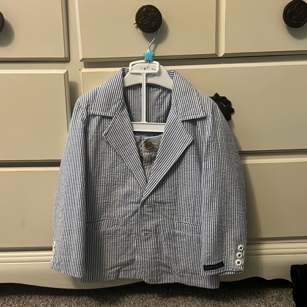 Seersucker little boys shorts and sports-coat set. The jacket is “Rugged Butts”